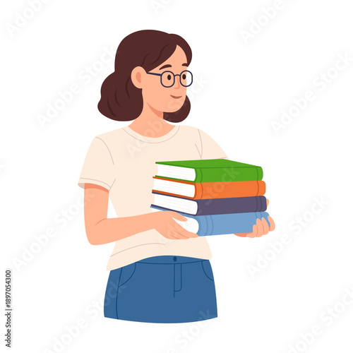 Woman holding pile
of books isolated on white background. Concept of studying, learning, school, reading, knowledge, library, book lover, education, student.Vector Illustration