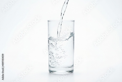Clear fresh water pouring into clean glass tumbler with bubbles