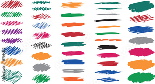 Large collection of hand-drawn underline and highlight strokes featuring rough crayon and marker textures, black monochrome scribble lines, horizontal emphasis marks, and oval and highlight