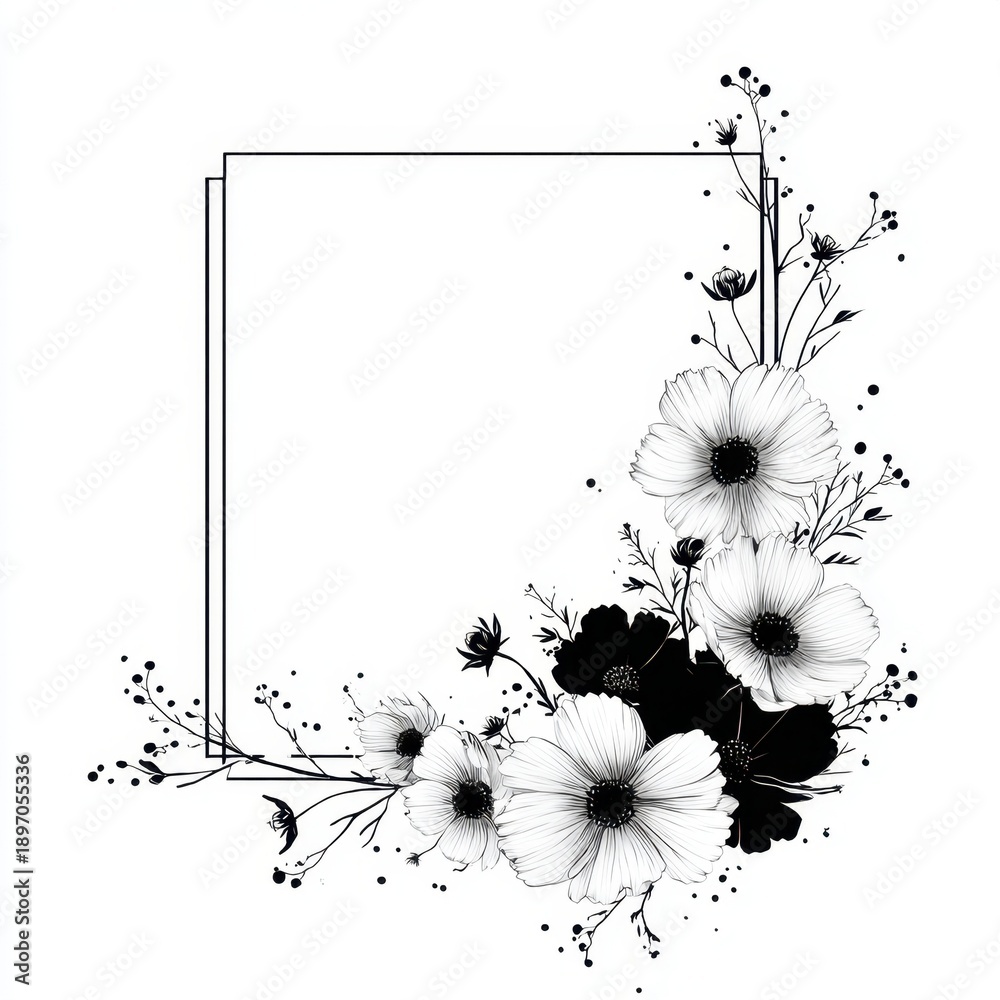 Fototapeta premium Floral frame border with black and white cosmos flowers