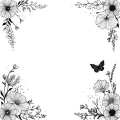 Hand drawing floral line art frame with butterfly