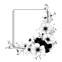 Floral frame border with black and white cosmos flowers