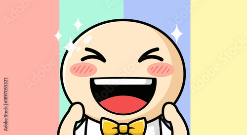 A cheerful cartoon character with a bald head, rosy cheeks, and a wide smile, wearing a yellow bow tie against a pastel color block background, radiating happiness and joy.