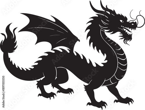 Adobe Illustrator Artwork of Black Silhouette Dragon with Long Tongue.  Stylized dragon silhouette with horns, sharp teeth, wings, and curling tongue, emphasizing fierce and majestic qualities.
