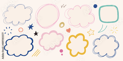 Colorful hand drawn shapes and doodles on a light beige background