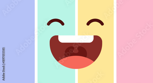 A vibrant cartoon face with a wide, happy smile and two teeth, set against a background of four pastel-colored vertical stripes.
