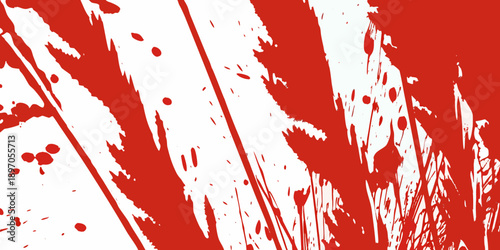 Abstract red and white brushstrokes create a dynamic textured background