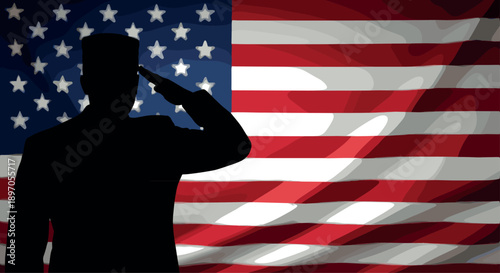 American soldier silhouette saluting, United States flag waving background patriotism military honor service veterans memorial freedom illustration concept