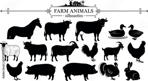 Farm animal silhouettes collection livestock birds mammals horse cow pig chicken goat sheep turkey rabbit isolated white background vintage style