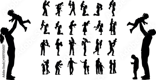 Father and child silhouette collection showing parenting moments, family bonding activities, love, care, childhood development concept illustration isolated on white