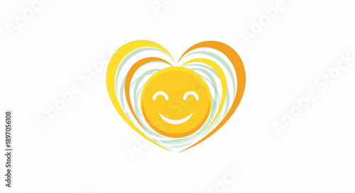 Smiling face inside abstract happy heart symbol illustration, concentric yellow and orange lines form gentle happy heart shape, radiating warmth and joy. Concept happy heart graphic for well being,
