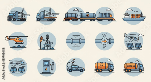 Collection of transportation and industrial icons in circles.