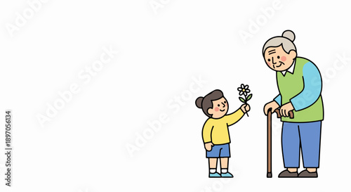 Small child presenting flower to elderly woman, symbolizing warmth and gentle elderly care. Granddaughter showing affection to grandmother with walking stick, depicting compassionate elderly care.