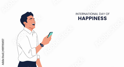 Man celebrates International Day of Happiness, smiling broadly while looking at smartphone screen. Joyful person experiencing digital connection,
