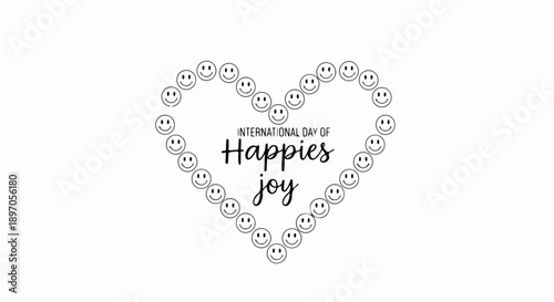 Minimalist graphic illustration for Happiness Day, showing heart shape made from many smiling emoticons. Design expresses joy, positive emotion, making ideal visual for global Happiness Day event.