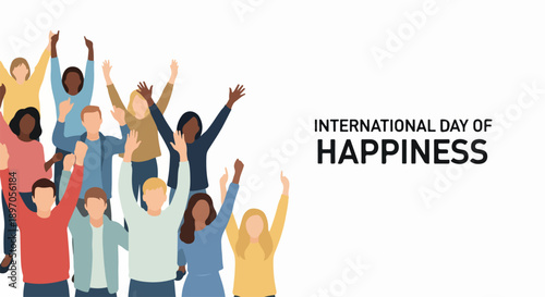 Happy people celebrate with hands raised, expressing global unity. Many happy people show joy, solidarity for International Day of Happiness. Concept for awareness, well being, featuring happy people.