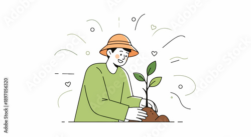 Man doing tree planting, hat on head, placing small green sapling in soil. This tree planting shows environmental care, future growth, and sustainability.