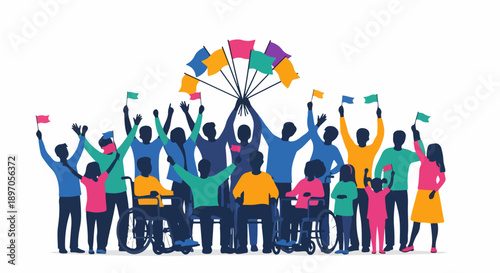 Diverse community of people celebrating with colorful flags, showing unity. Individuals, including wheelchair users, form diverse community, raising hands. Concept diverse community promotes equality,