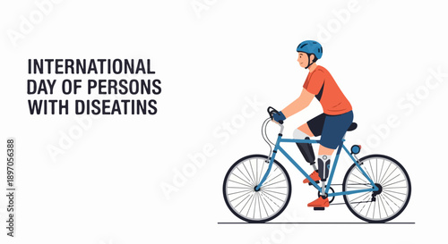Man cycling, helmet, illustrates disability concept, active lifestyle. International Day of Persons with Disabilities highlights participation, advocating for disability.