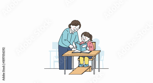 Child learning with adult mentor guiding through book at desk, depicting supportive educational environment for students. Child learning experience includes attentive guidance and focused study,
