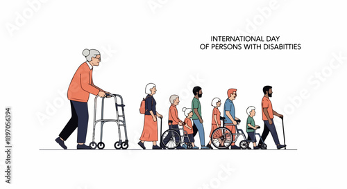 Diverse group illustration features persons with disabilities, including senior woman with walker and children. People use wheelchairs, canes, and assistive devices,