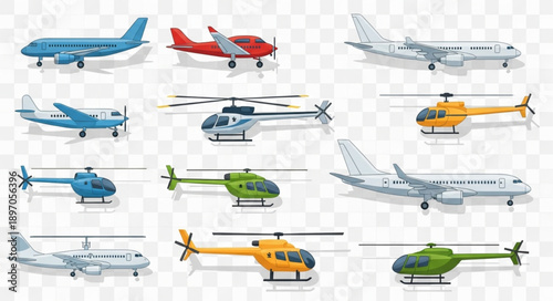 Collection of various aircraft including airplanes and helicopters.