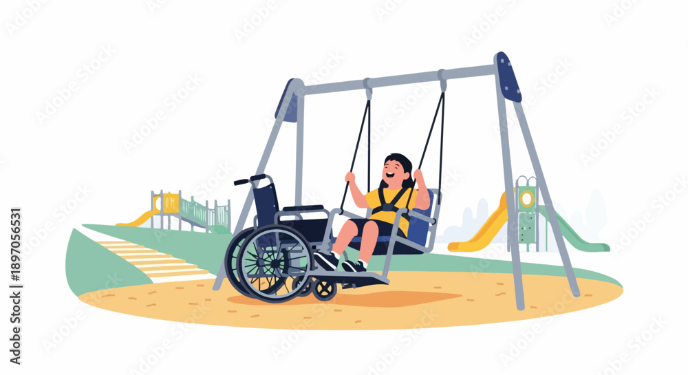 Fototapeta premium Smiling child enjoys inclusive playground, securely seated on adaptive swing set with harness at community park. Inclusive playground offers joyful experience for children with diverse abilities.