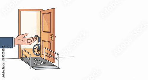 Hand gesturing toward open door with an accessibility ramp. Accessibility ramp has clear wheelchair symbol, ensuring smooth entry. Accessibility ramp concept for public buildings, urban planning,