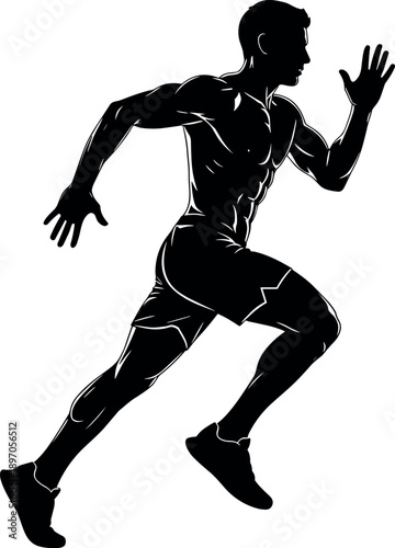Running athlete silhouette, muscular male sprinter in dynamic motion fitness training isolated white background sports vector illustration design art concept