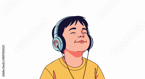 Smiling young boy listening music with eyes closed, wearing blue headphones enjoying melody. Happy boy listening music, expressing pleasure and relaxation from sound.
