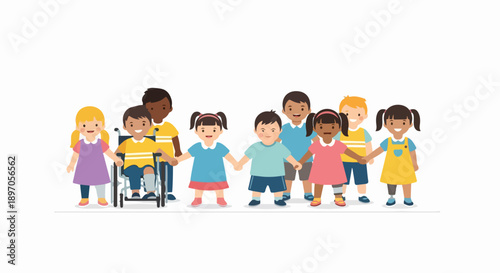 Illustration of children diversity, happy group holding hands, representing unity, friendship. Children diversity portrays various ethnicities and abilities, promoting acceptance, community.