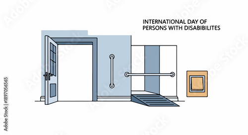 Accessibility entrance illustration, open door, ramp, grab bars. Design promotes inclusion, International Day of Persons with Disabilities.