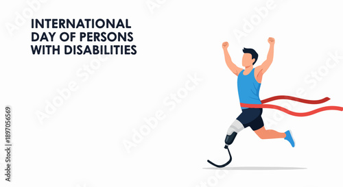 Man with prosthetic leg celebrating success at finish line, promoting disability awareness. Illustration depicts a strong athlete competing in inclusive sport,