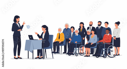 Woman leads inclusive meeting, presenting ideas to diverse audience. Inclusive meeting includes seniors and wheelchair users, fostering open dialogue. Concept inclusive meeting for corporate training,