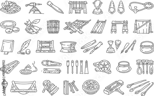 Collection of various tools in the ancient period: depicting historical era equipment and tools