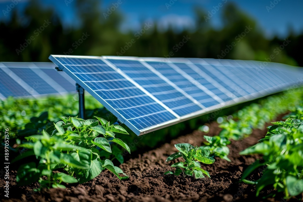 Fototapeta premium Solar panels support crop growth during summer months in agricultural field near wooded area where plants thrive in sunlight