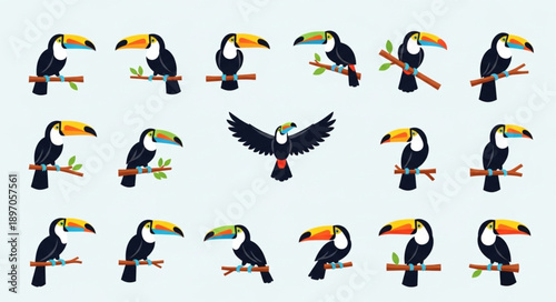 Collection of Toucan Birds in Various Poses and Actions.
