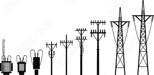 A line-up of black silhouette electrical components showing a transformer and various poles with insulators and wires Keywords: electricity, transformer, power line, pole, transmission
