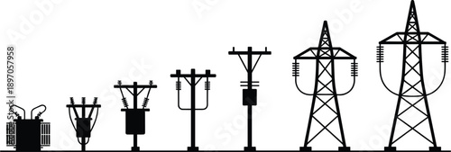 A progression of black silhouette electrical infrastructure from transformer to high voltage pylons on a white background Keywords: electricity, transformer, power line, pole