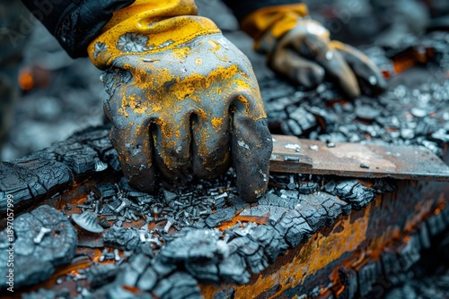 Worker using gloves to handle burnt wood and metal scraps at a construction site during daylight hours