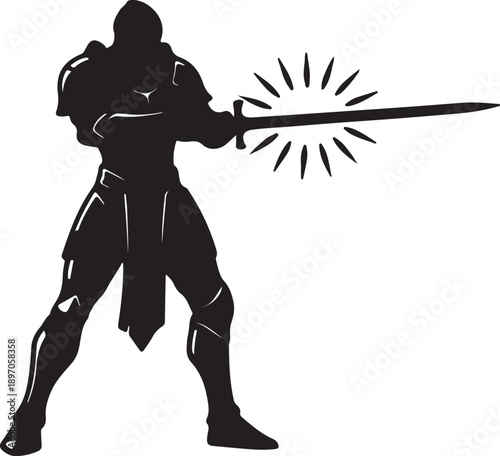 Mighty Armored Warrior Knight with Glowing Sword Silhouette Black Icon