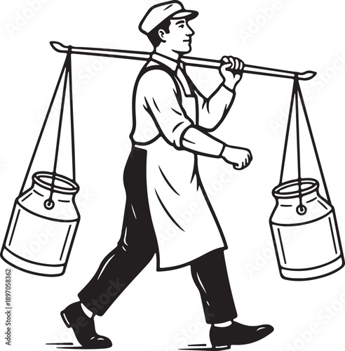 Vintage Milkman Walking and Carrying Milk Cans on a Shoulder Pole Illustration