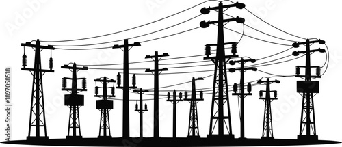 Silhouette of a dense network of electricity transmission towers and power lines against a white background Keywords: electricity, power, transmission, lines, towers, poles