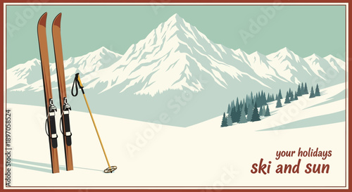 Skiing in the Snowy Mountains with Skis and Equipment on a Serene Winter Landscape from a Distant Viewpoint