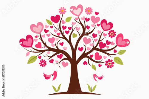 A festive illustration of a flourishing love tree, brimming with various pink hearts, vibrant flowers, and two pink birds.