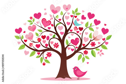 A heartwarming illustration of a vibrant love tree with numerous pink hearts, delicate flowers, and a happy pink bird.