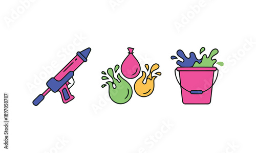 Colorful water gun, balloons, and bucket filled with water splashes, playful summer scene from a straightforward view