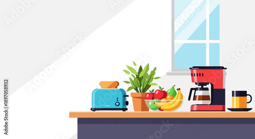 A modern kitchen illustration featuring a countertop with fresh fruits, a toaster, and neatly arranged kitchen essentials. The bright and clean composition represents healthy living, home cooking, and