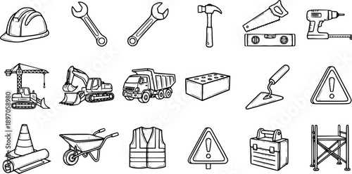 Hand-drawn Black  White Line Art Construction Industry Icons Collection: Essential Tools, Vehicles, Equipment, and Safety Gear Set