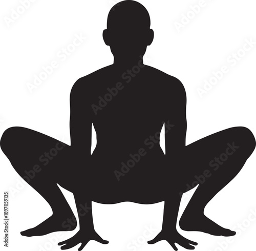 Silhouette of a person in a deep, wide squat (frog pose) ona  white background
